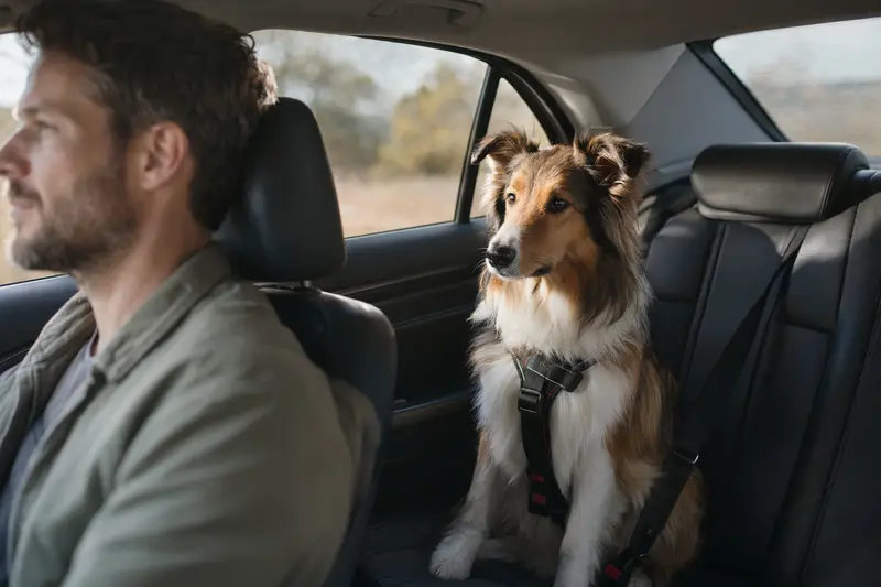 Ein Amerikanischer Collie Hund sitzt angeschnallt auf der Rückbank eines Autos, während der Besitzer ruhig fährt und Sonnenlicht durch das Fenster strahlt.