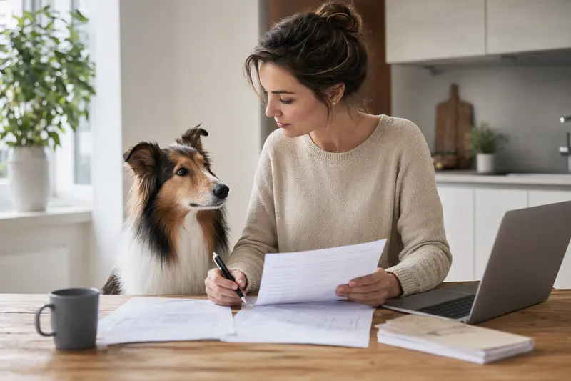 Ein Amerikanischer Collie Hund sitzt friedlich neben seinem Besitzer am Küchentisch, auf dem Versicherungsunterlagen und ein Laptop liegen.