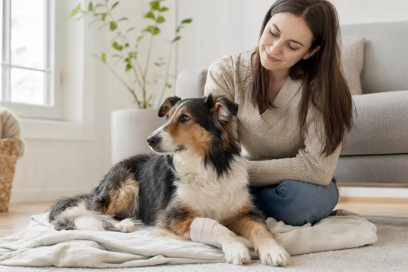 Ein Amerikanischer Collie mit leichtem Verband an der Pfote liegt entspannt neben seinem Besitzer in einer hellen Wohnung.