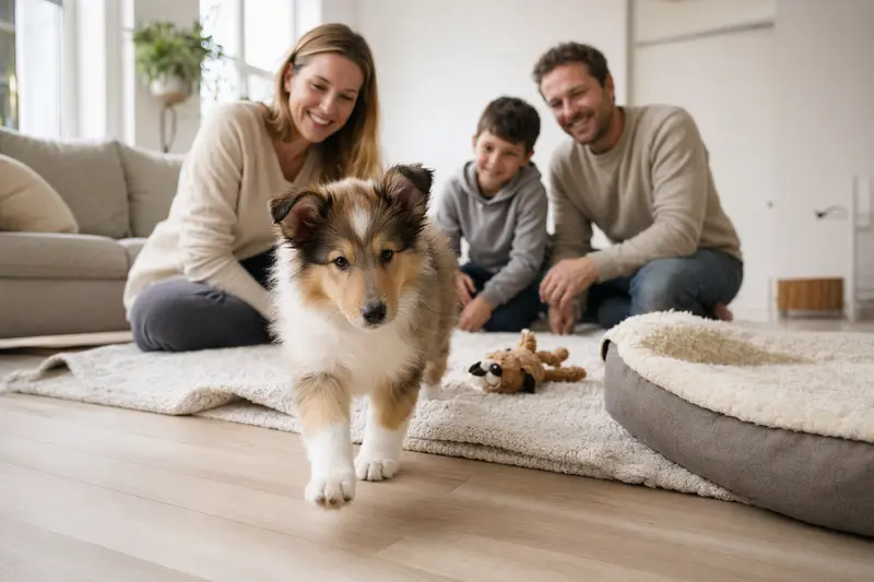 Ein neugieriger Amerikanischer Collie Welpe erkundet sein neues Zuhause mit einer weichen Decke und Spielzeug, während seine liebevolle Familie im Hintergrund zu sehen ist.