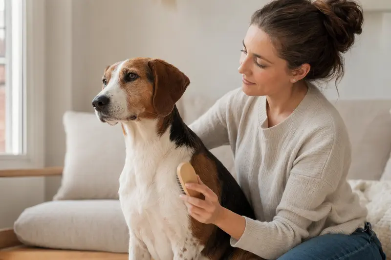 Der Amerikanische Foxhound wird liebevoll von seinem Besitzer gebürstet, was die Bedeutung der Fellpflege unterstreicht.