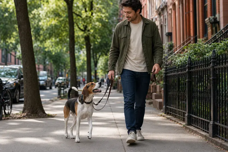 Ein Amerikanischer Foxhound läuft entspannt an der Leine mit seinem Besitzer durch eine moderne Stadtstraße, umgeben von natürlichem Licht.