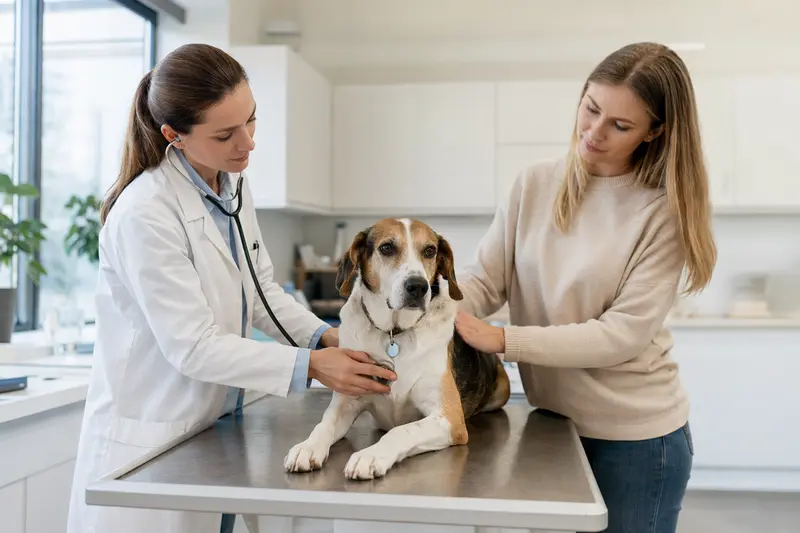 Ein entspannter Amerikanischer Foxhound wird von einer Tierärztin mit Stethoskop in einer modernen Praxis untersucht, während der Besitzer beruhigend dabei steht.