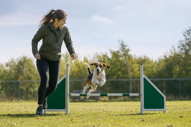 Ein Amerikanischer Foxhound springt mit seinem Besitzer über eine kleine Trainingshürde auf dem Hundeplatz.