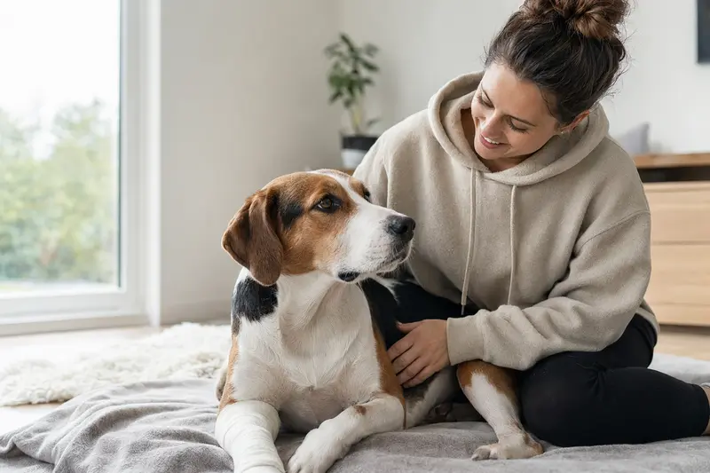 Ein Amerikanischer Foxhound liegt mit einem leichten Verband an der Pfote auf einer Decke, während sein erleichterter Besitzer neben ihm sitzt.