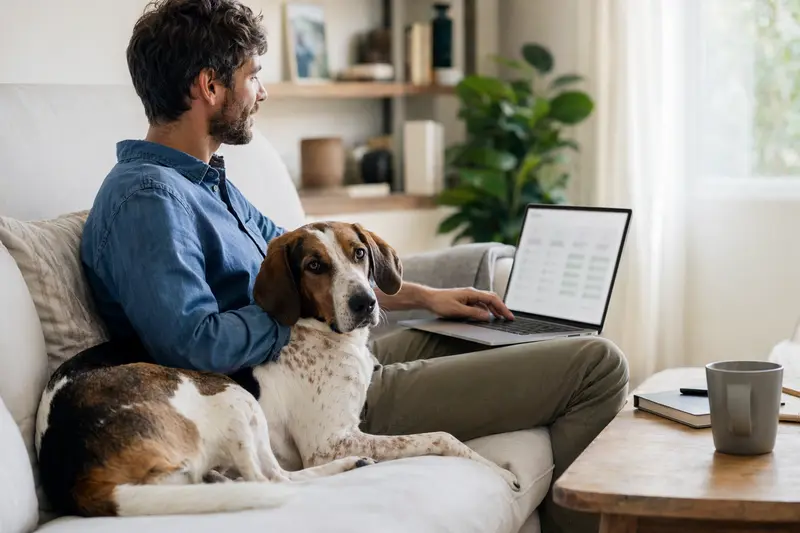 Ein Besitzer mit Laptop auf dem Sofa, neben einem amerikanischen Foxhound, der sich für eine Tierkrankenversicherung interessiert.