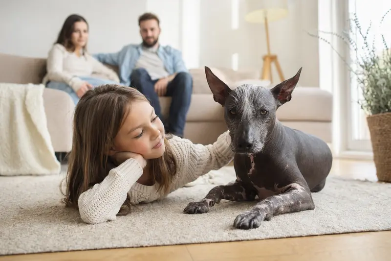 Ein freundlicher Amerikanischer Nackthund liegt entspannend neben einem Kind im Wohnzimmer und schafft eine warmherzige Atmosphäre.