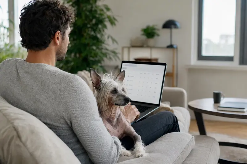 Ein Hundebesitzer arbeitet am Laptop auf dem Sofa, während ein Amerikanischer Nackthund neben ihm sitzt, und auf dem Bildschirm eine neutrale Versicherungsvergleichsseite zu sehen ist.