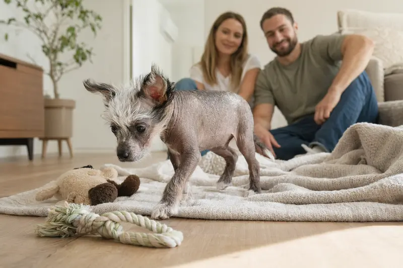 Ein neugieriger junger Amerikanischer Nackthund Welpe erkundet sein neues Zuhause mit liebevoller Familie im Hintergrund.