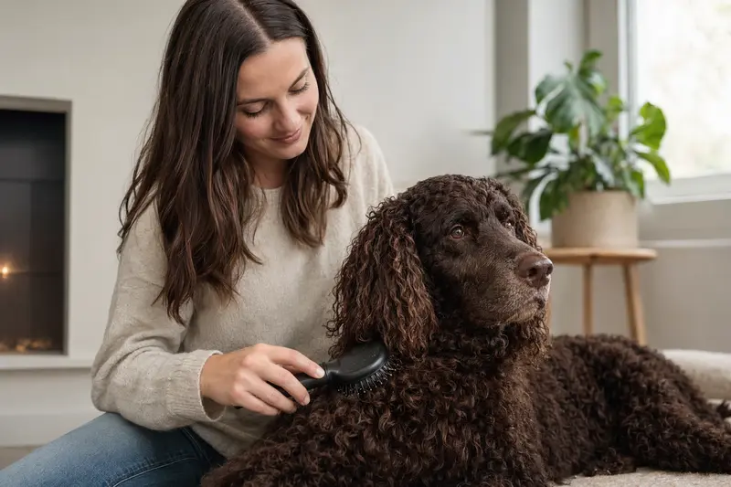 Ein Amerikanischer Wasserspaniel wird liebevoll zu Hause gebürstet, während der Besitzer sich um die Fellpflege kümmert.