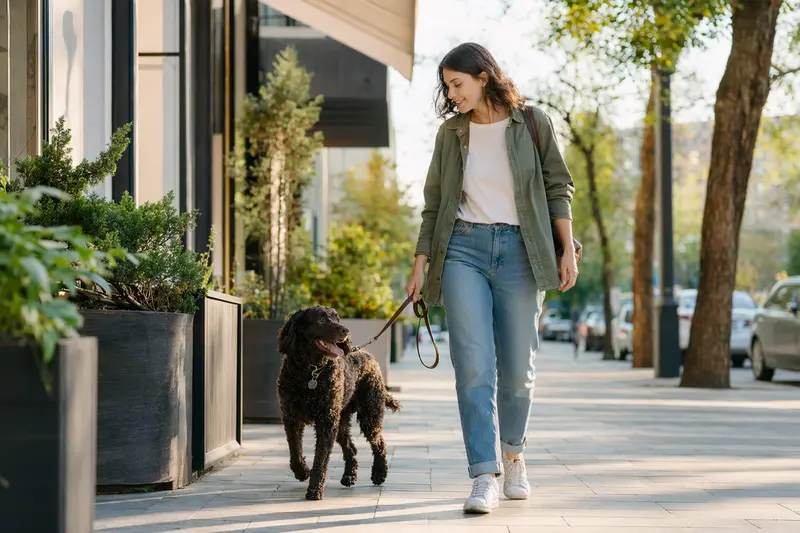 Ein Amerikanischer Wasserspaniel Hund läuft an der Leine mit seinem Besitzer durch eine moderne Stadtstraße.