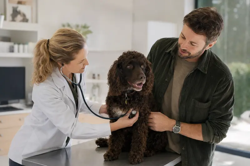 Ein ruhiger Amerikanischer Wasserspaniel wird von einer freundlichen Tierärztin mit einem Stethoskop in einer modernen Tierarztpraxis untersucht, während der Besitzer beruhigend danebensteht.