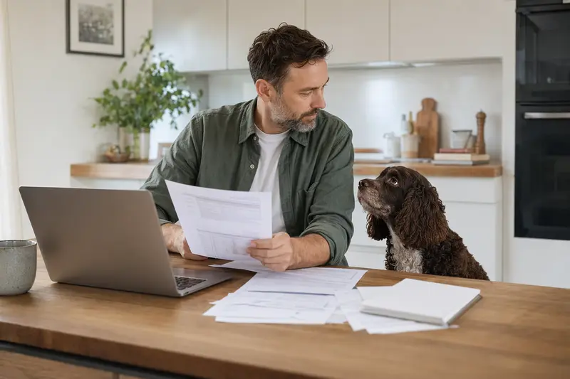 Ein Amerikanischer Wasserspaniel sitzt ruhig neben seinem Besitzer am Küchentisch mit Versicherungsunterlagen und Laptop.
