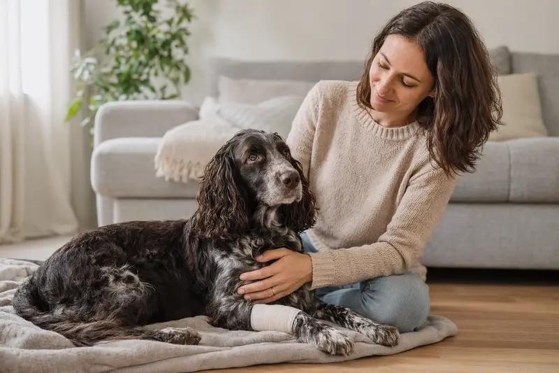 Ein amerikanischer Wasserspaniel mit leichtem Verband an der Pfote liegt entspannt auf einer Decke, während sein Besitzer besorgt neben ihm sitzt.
