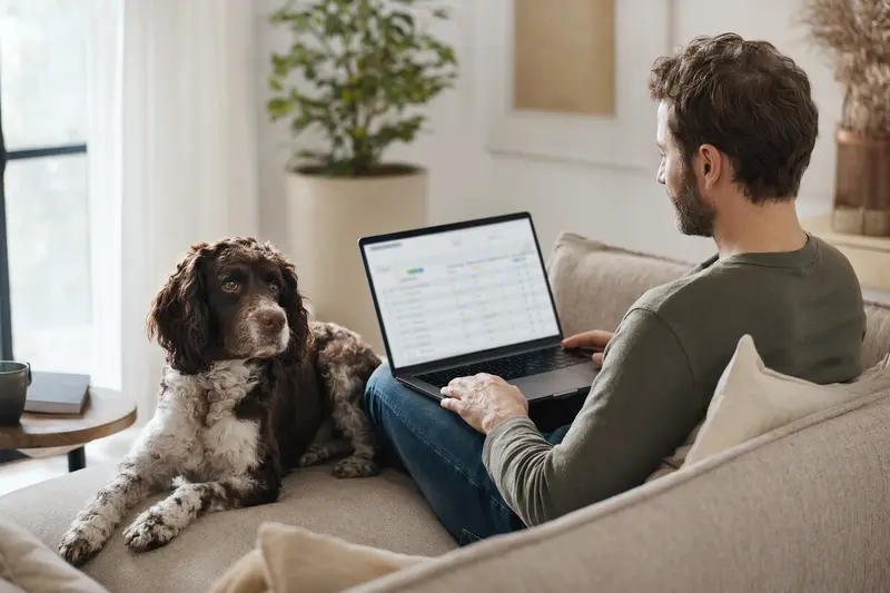 Ein Hundebesitzer sitzt entspannt mit einem Laptop auf dem Sofa, während sein Amerikanischer Wasserspaniel neben ihm liegt und die digitale Versicherungsvergleichsoberfläche auf dem Bildschirm betrachtet.