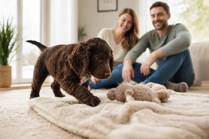 Ein neugieriger Amerikanischer Wasserspaniel Welpe erkundet sein neues Zuhause mit einer lieben Familie im Hintergrund.