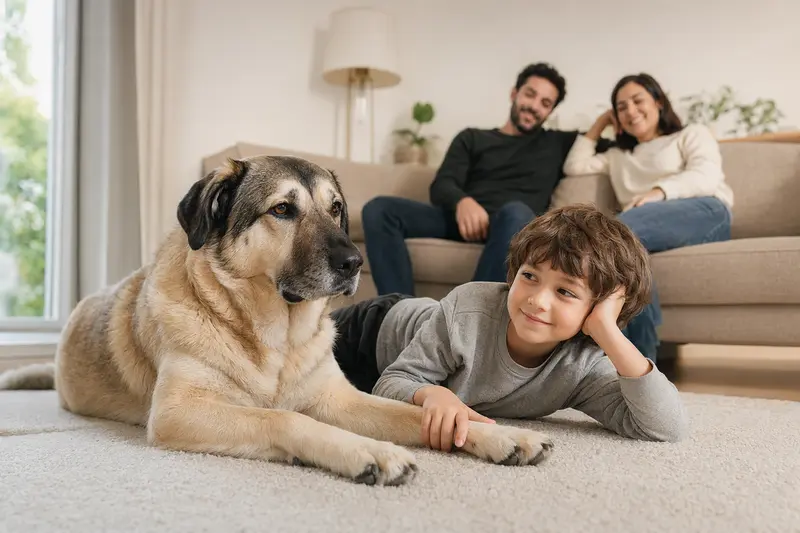 Ein freundlicher Anatolier Hund liegt entspannt neben einem Kind im Wohnzimmer und vermittelt eine sichere Familienatmosphäre.