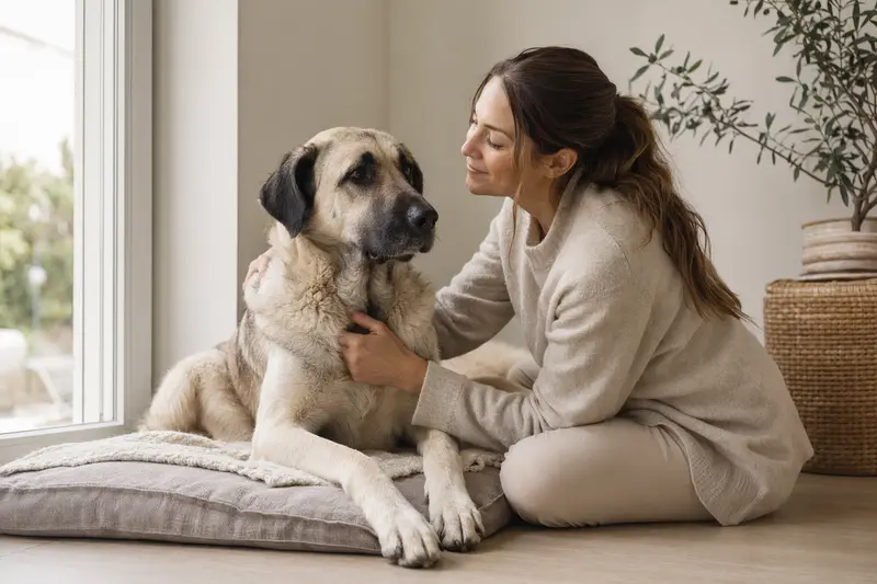 Ein aufmerksamer Anatolier Hund steht in natürlicher Haltung vor einem neutralen Hintergrund und zeigt seine typischen Merkmale.