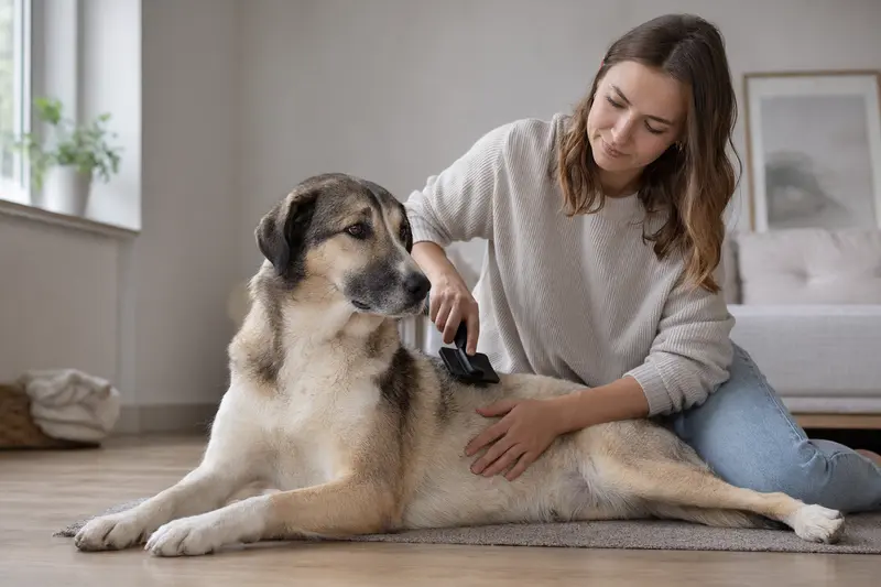Ein liebevoller Besitzer bürstet sanft das Fell seines Anatolier Hundes in einer hellen Wohnung.