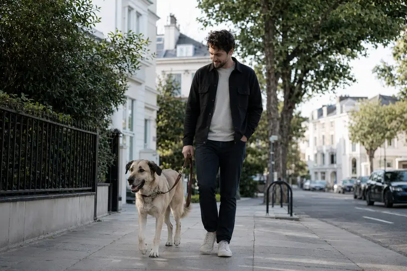 Ein Anatolier Hund läuft entspannt an der Leine mit seinem Besitzer durch eine moderne Stadtstraße