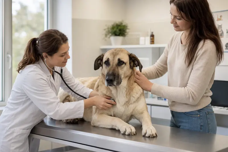 Ein ruhiger Anatolier Hund wird von einer freundlichen Tierärztin in einer modernen Tierarztpraxis untersucht.