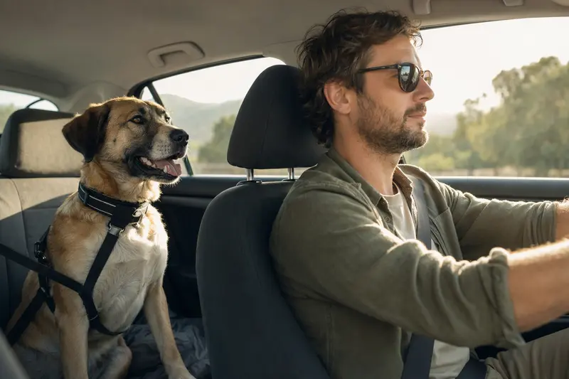 Ein Anatolier Hund sitzt sicher angeschnallt auf der Rückbank eines Autos, während der Fahrer entspannt fährt.