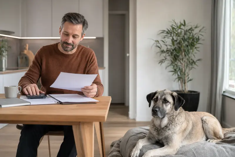 Ein entspannter Anatolier Hund liegt auf einer Decke neben einem Besitzer, der eine Tierarztrechnung betrachtet in einer hellen Wohnung.