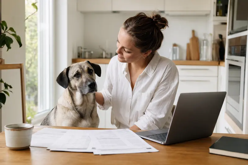 Ein ruhiger Anatolier Hund sitzt neben seinem Besitzer am Küchentisch, während Versicherungsunterlagen und ein Laptop auf dem Tisch liegen.