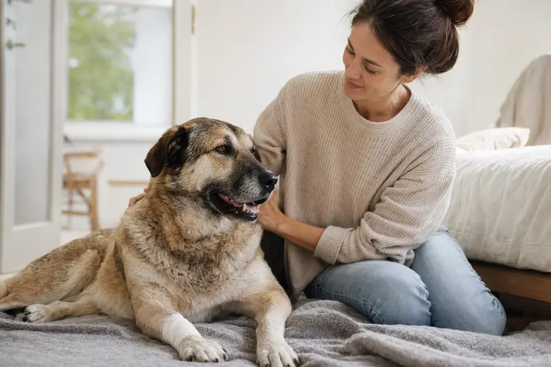 Ein Anatolier Hund mit einem leichten Verband an der Pfote liegt entspannt neben seinem Besitzer in einer hellen Wohnung.