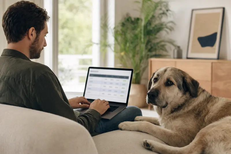 Ein Hund liegt neugierig neben seinem Besitzer, der auf einem Laptop Versicherungsangebote vergleicht.