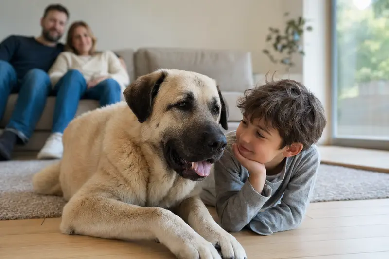 Ein Anatolischer Hirtenhund liegt entspannt neben einem Kind im Wohnzimmer und schafft eine vertrauensvolle Atmosphäre.
