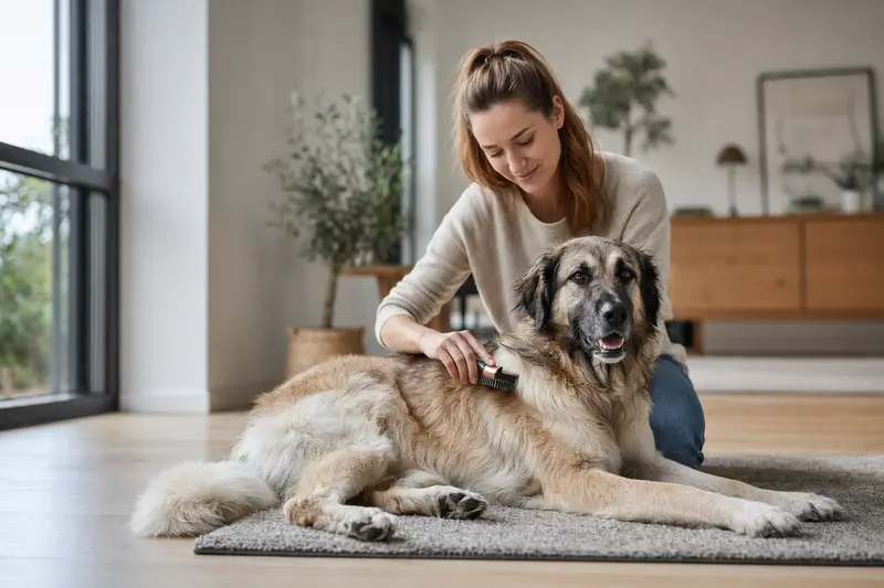 Ein Anatolischer Hirtenhund wird in einer hellen Wohnung sanft gebürstet, während der Besitzer liebevoll auf die Fellpflege achtet.