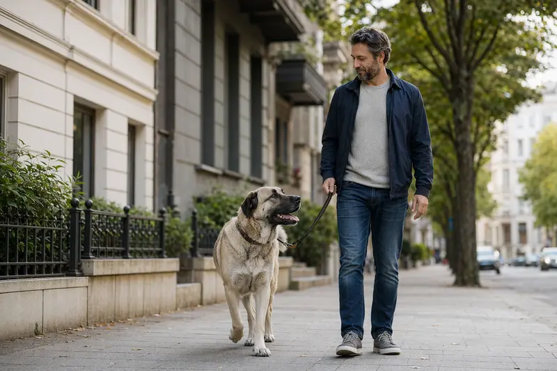 Ein Anatolischer Hirtenhund läuft entspannt an der Leine mit seinem Besitzer durch eine moderne Stadtstraße.