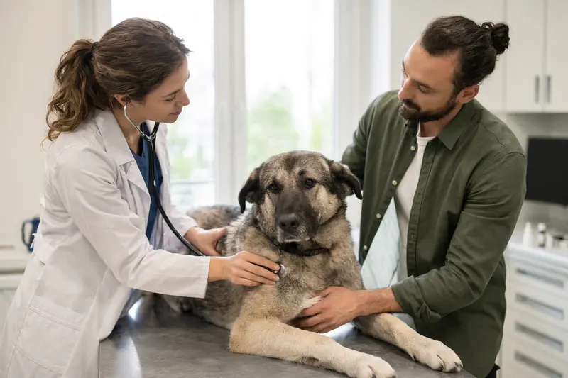 Ein ruhiger Anatolischer Hirtenhund wird behutsam von einer Tierärztin auf einem Untersuchungstisch in einer modernen Tierarztpraxis untersucht.