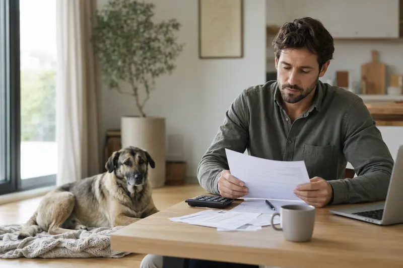 Ein entspannter Anatolischer Hirtenhund liegt neben einer Tierarztrechnung auf einem Tisch in einer hellen Wohnung.