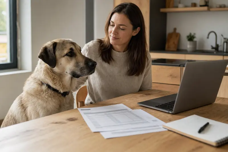 Ein ruhiger Anatolischer Hirtenhund sitzt neben seinem Besitzer am Küchentisch, auf dem Versicherungsunterlagen und ein Laptop liegen.