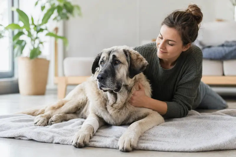 Ein Anatolischer Hirtenhund liegt mit leichtem Verband an der Pfote auf einer Decke, während sein Besitzer beruhigt daneben sitzt.