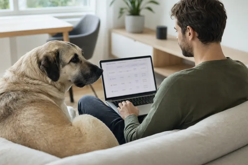 Ein Besitzer arbeitet am Laptop auf dem Sofa, während neben ihm ein Anatolischer Hirtenhund sitzt, was ein entspanntes Zuhause vermittelt und die Bedeutung der Tierkrankenversicherung verdeutlicht.