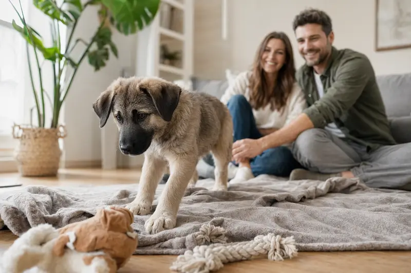 Ein junger Anatolischer Hirtenhund Welpe erkundet neugierig seine neue Umgebung mit einer weichen Decke und Spielzeug, während eine liebevolle Familie im Hintergrund sichtbar ist.