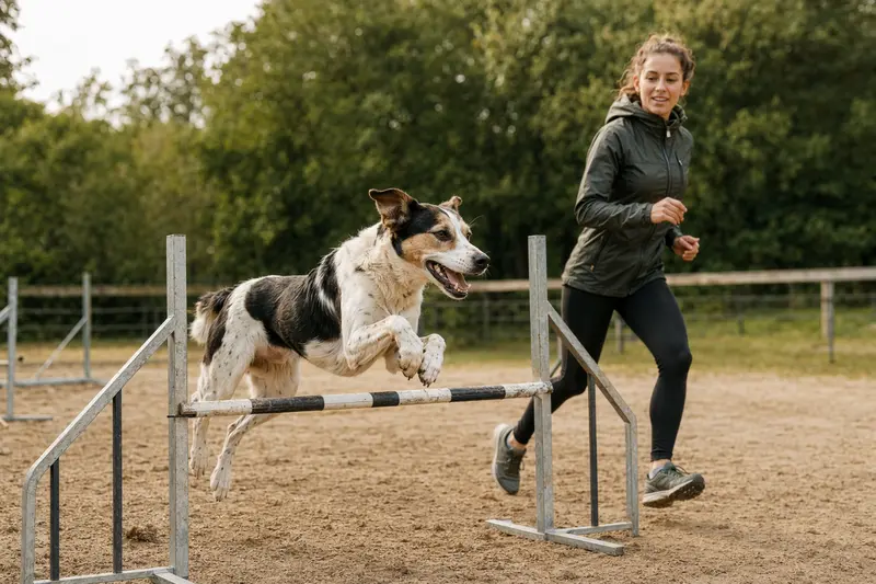 Ein Andalusian Mouse-Hunting Dog trainiert mit seinem Besitzer auf einem Hundeplatz und überwindet eine kleine Hürde.