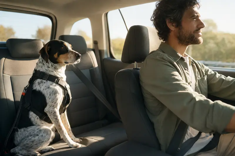 Ein Andalusian Mouse-Hunting Dog sitzt angeschnallt auf der Rückbank eines Autos, während der Besitzer sicher fährt.