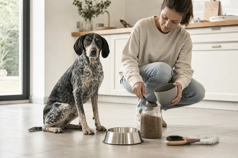 Ein Andalusian Mouse-Hunting Dog sitzt erwartungsvoll neben einem hochwertigen Futternapf in einer hellen Küche, während sein Besitzer gesundes Futter vorbereitet.