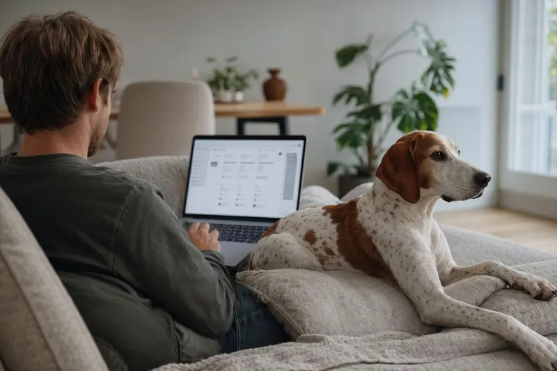 Ein Besitzer arbeitet am Laptop auf dem Sofa, während ein Andalusian Mouse-Hunting Dog neben ihm sitzt und eine neutrale Versicherungsvergleichsoberfläche auf dem Bildschirm angezeigt wird.