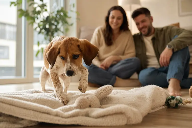 Ein neugieriger Andalusian Mouse-Hunting Dog Welpe entdeckt seine weiche Decke und das Spielzeug in einer hellen Wohnung.