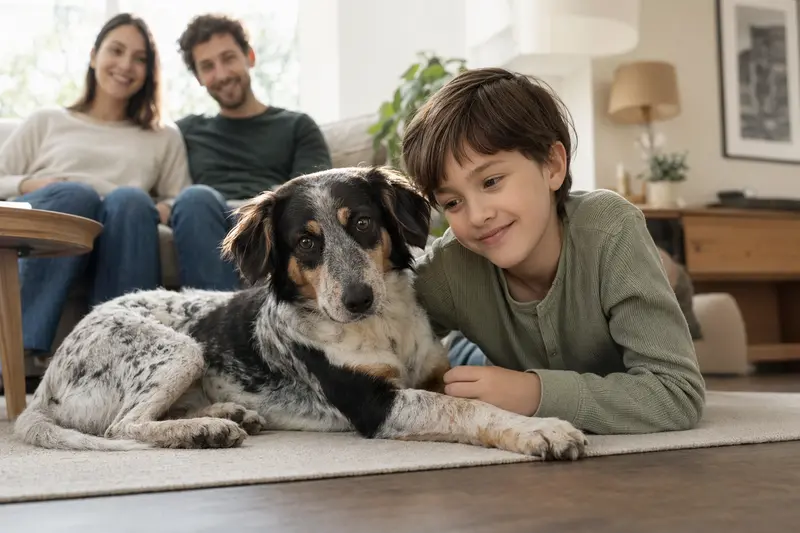 Ein freundlicher Andalusischer Türke Hund liegt entspannt neben einem Kind im Wohnzimmer und schafft eine vertrauensvolle Atmosphäre.