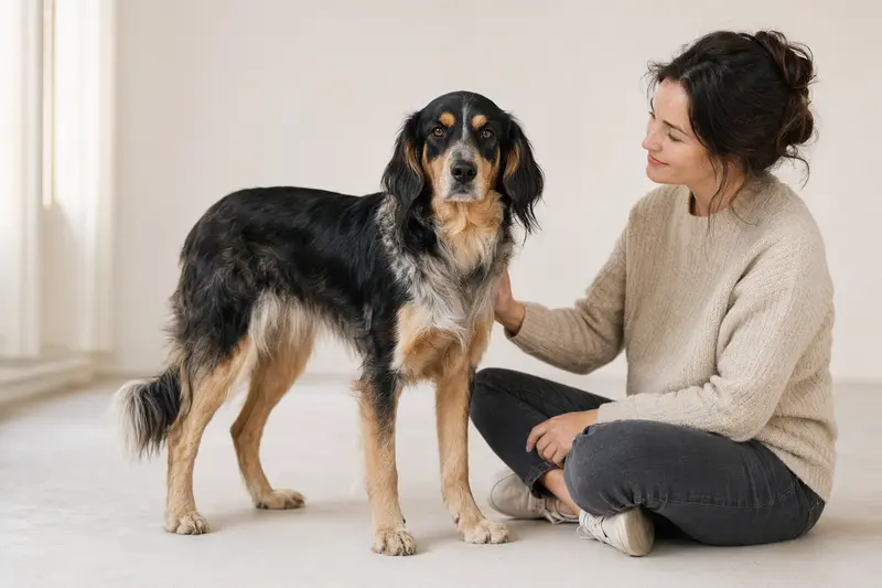Ein eleganter Andalusischer Türke Hund steht aufmerksam vor einem hellen Hintergrund.