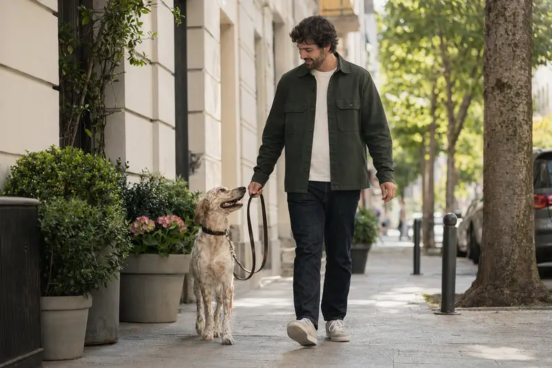 Ein freundlicher Andalusischer Türke Hund läuft an der Leine mit seinem Besitzer durch eine moderne Stadtstraße.