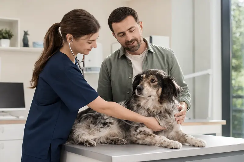 Ein ruhiger Andalusischer Türke Hund wird behutsam von einer freundlichen Tierärztin mit einem Stethoskop untersucht, während der Besitzer beruhigend danebensteht.