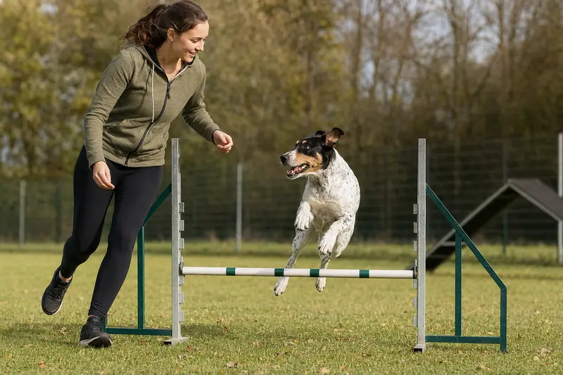 Ein Andalusischer Türke Hund springt beim Training über eine kleine Hürde auf dem Hundeplatz, während sein Besitzer ihn begleitet.
