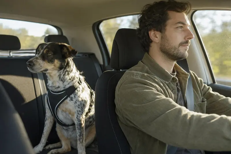 Ein Andalusischer Türke Hund, sicher angeschnallt auf der Rückbank eines Autos, während der Besitzer ruhig fährt.